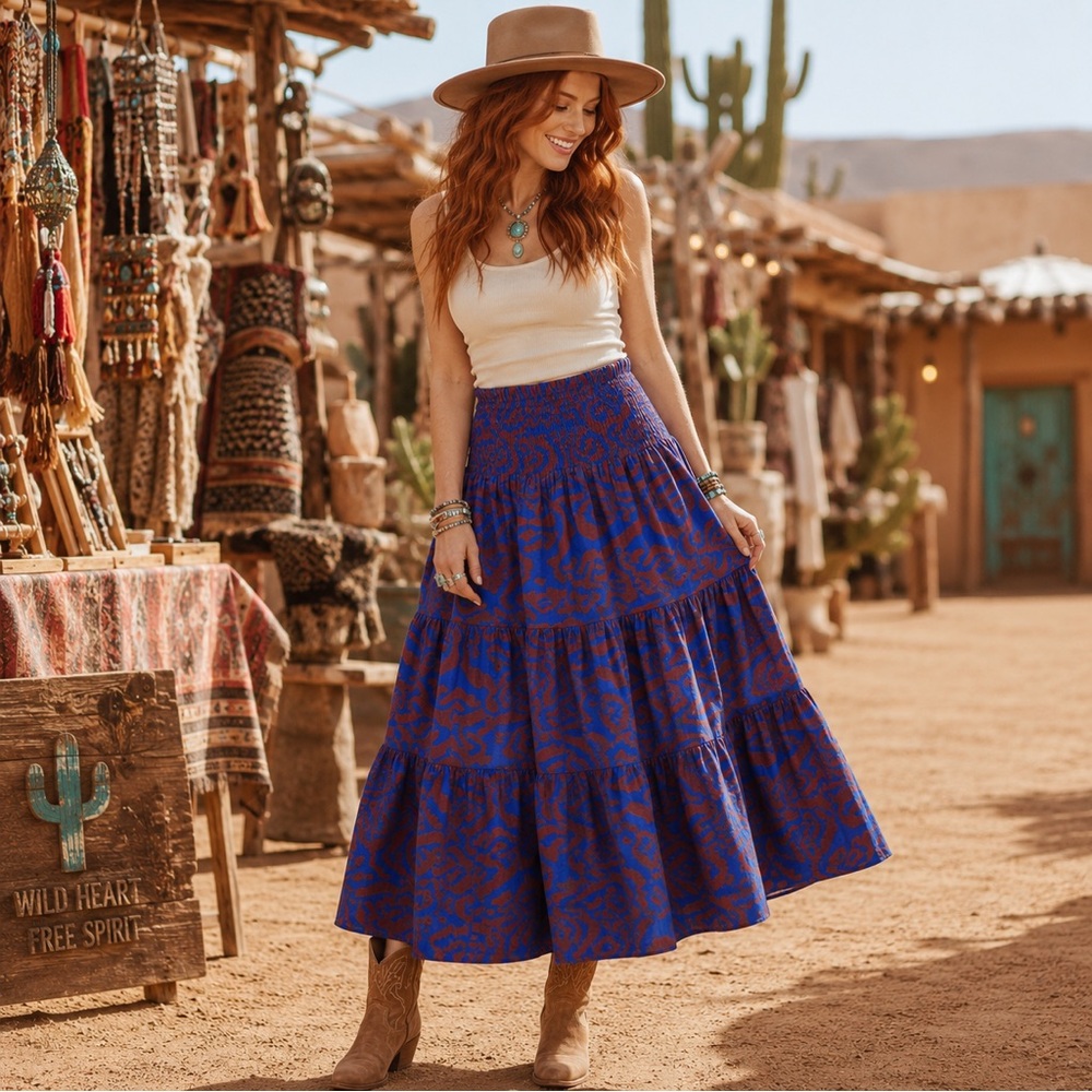 Nine West Linen Blend Smocked Tiered Midi Skirt Blue Rust Boho Western Size S